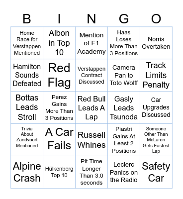 F1 Bingo: Dutch Grand Prix Bingo Card