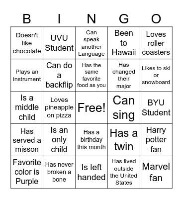 Get to know you Bingo Card
