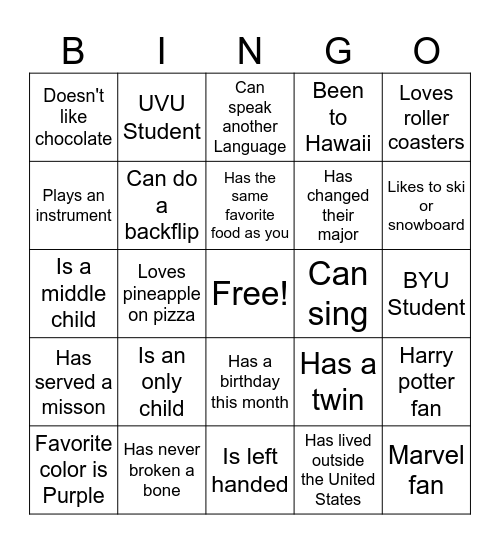 Get to know you Bingo Card