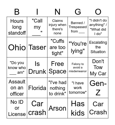 Police Bodycam Bingo Card