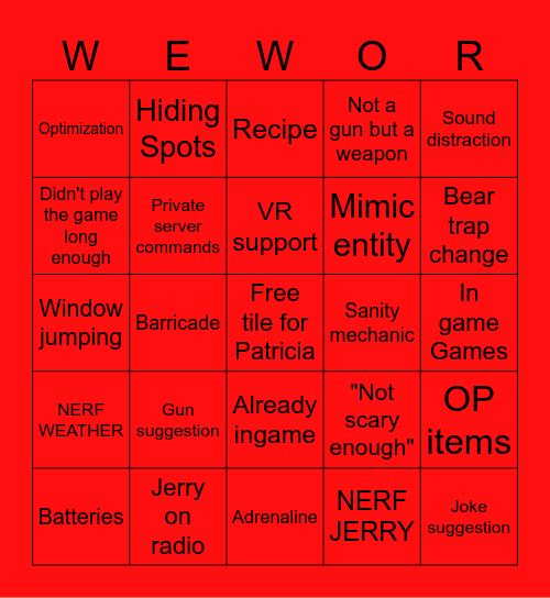 West Wood Suggestions Bingo Card
