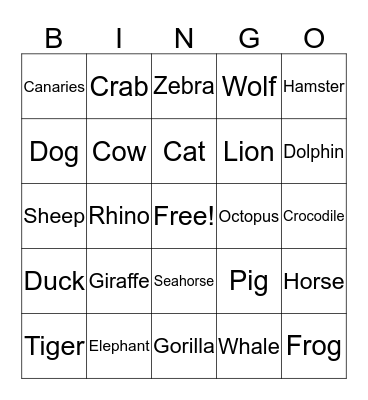 Animals  Bingo Card