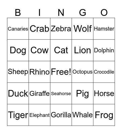 Animals  Bingo Card