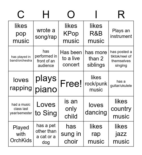 Choir Scramble Bingo Card