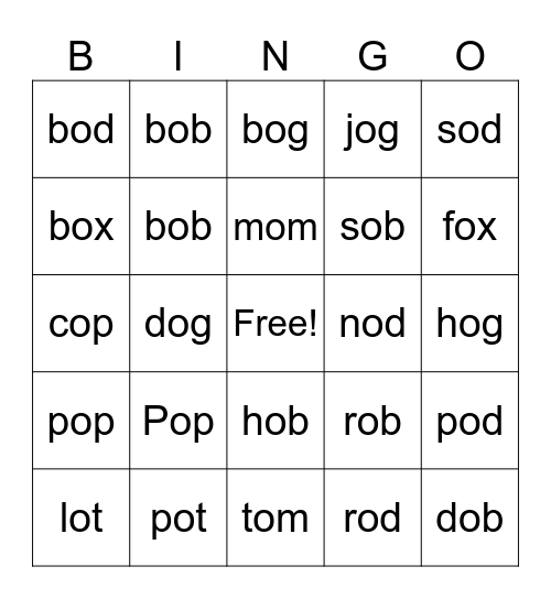 SHORT O Bingo Card