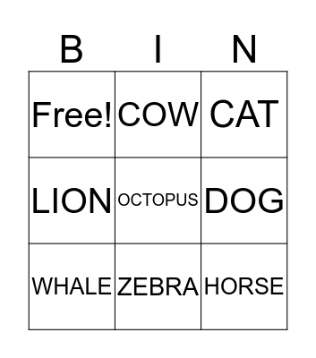 Animals Bingo Card