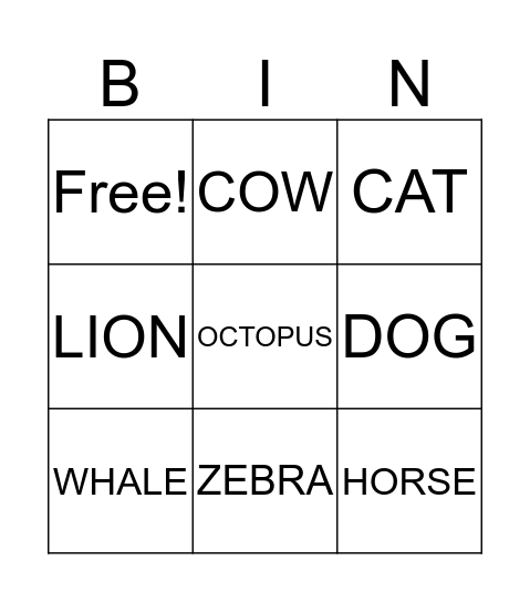 Animals Bingo Card