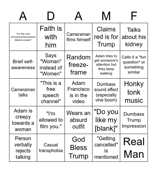 Adam Francisco Bingo Card