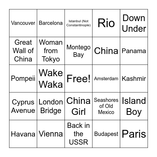 International Travel Bingo Card