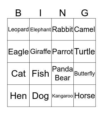 Animals Bingo Card