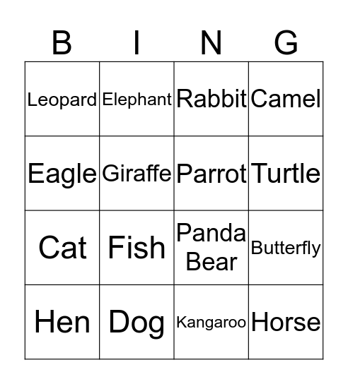 Animals Bingo Card