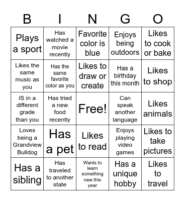 Get to know your classmates Bingo Card