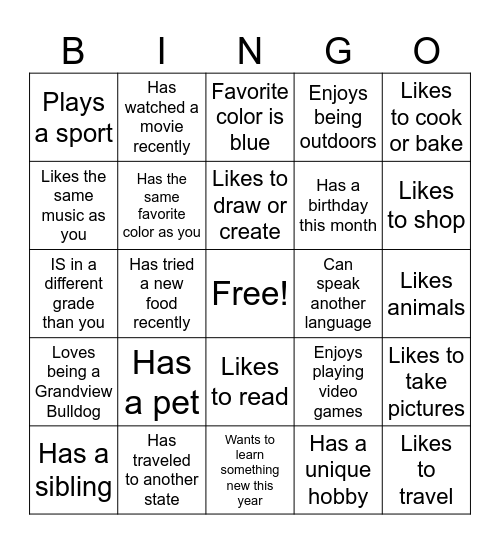 Get to know your classmates Bingo Card