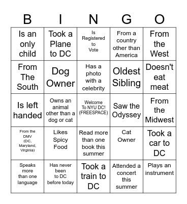 NYU Friendship Bingo Card
