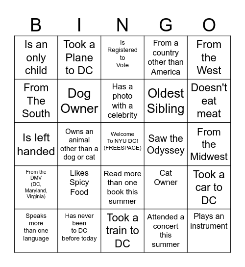 NYU Friendship Bingo Card