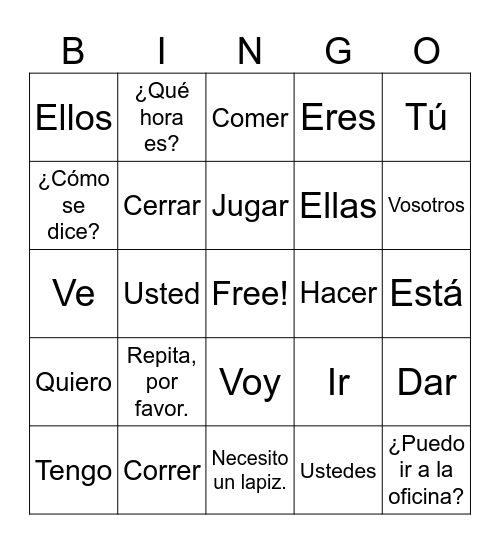 Pronouns, SER, Verbos Bingo Card