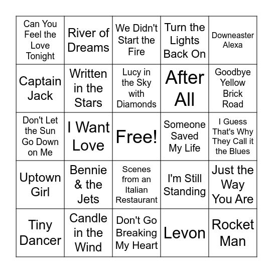 Billy Joel / Elton John Bingo Card