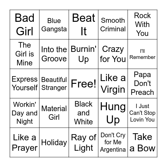 King and Queen of Pop Bingo Card