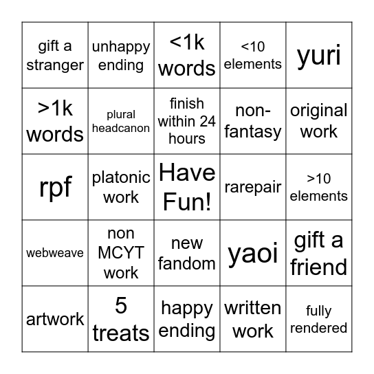Extreme Timed Exchange Bingo Card