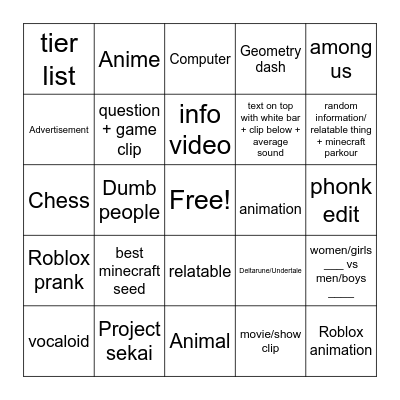 Youtube shorts bingo Card