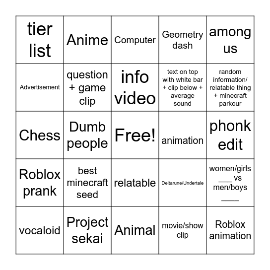 Youtube shorts bingo Card