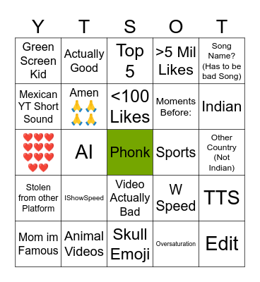 YT SHORTS Bingo Card