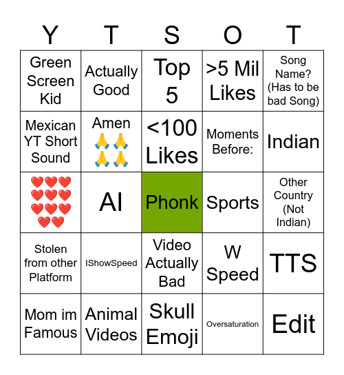 YT SHORTS Bingo Card