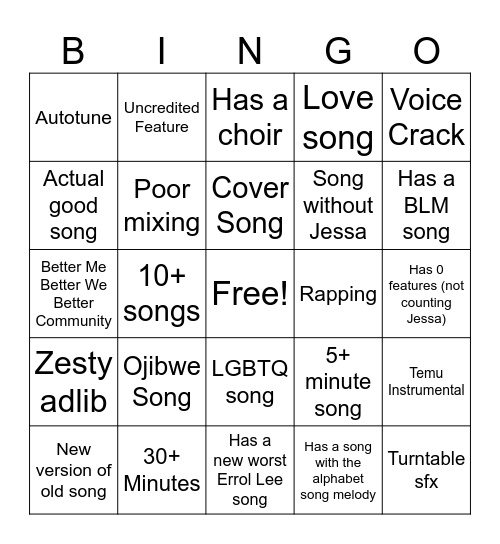 Errol Lee Album Bingo Card