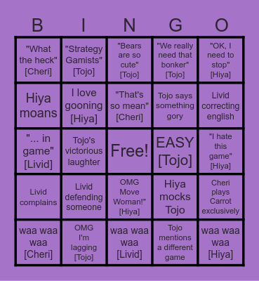 Karts Mayhem Bingo Card