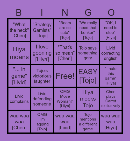 Karts Mayhem Bingo Card