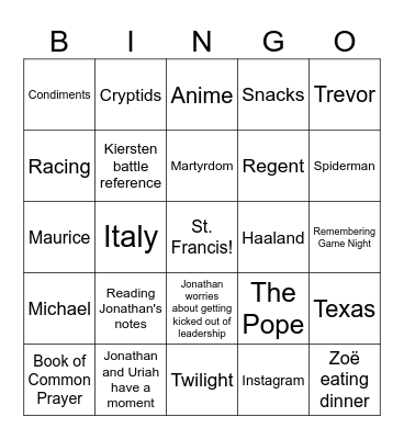 Young Adult Life Group Bingo Card
