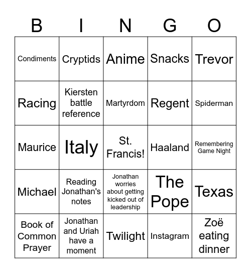 Young Adult Life Group Bingo Card