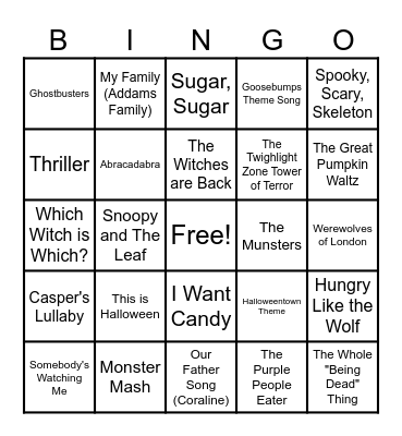 Halloween Music Bingo Card