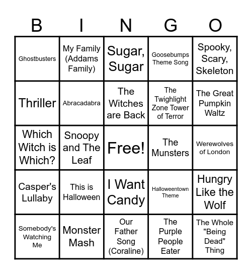 Halloween Music Bingo Card