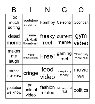 Instagram reel bingo Card