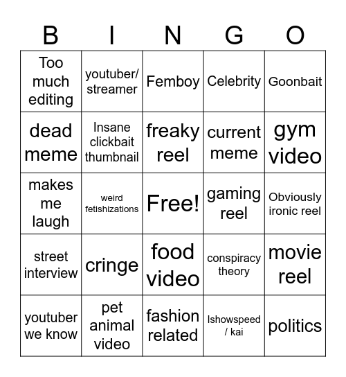Instagram reel bingo Card