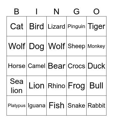 Animal Bingo Card