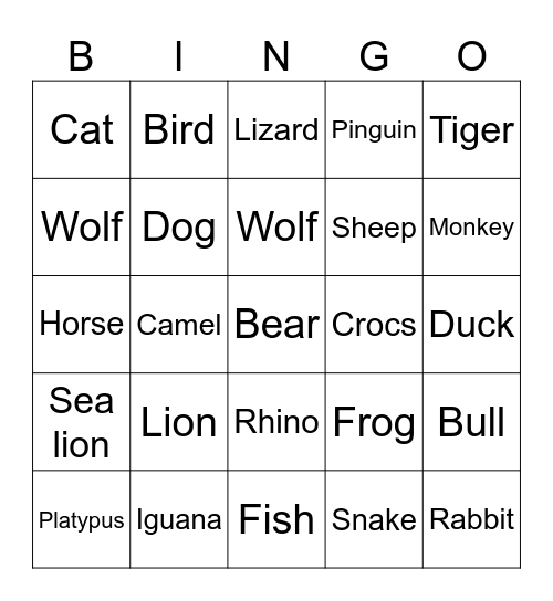 Animal Bingo Card