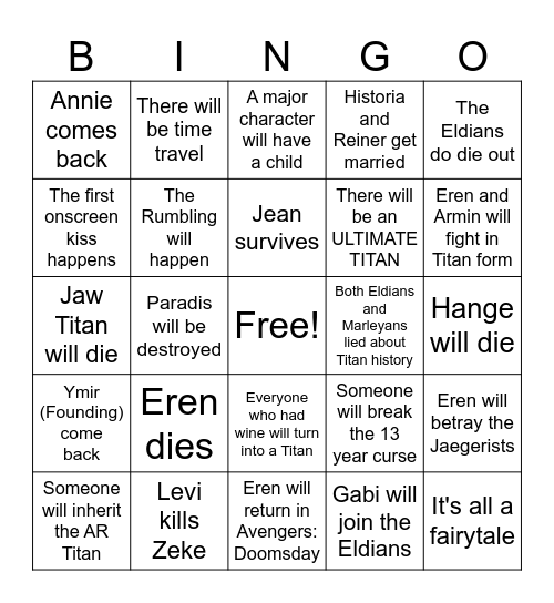 AOT S4 PREDICTIONS Bingo Card