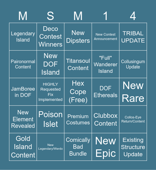 MSM 14th Anniversary Bingo Card