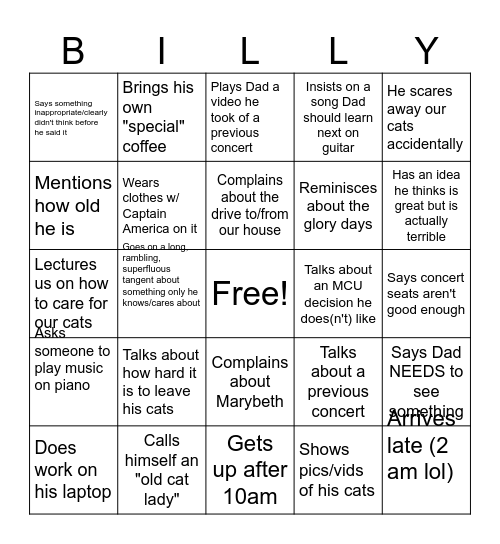 Billy Bingo 2.0 Bingo Card