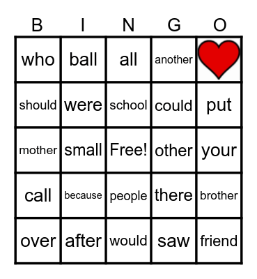 Year 2 Heart Words Bingo Card