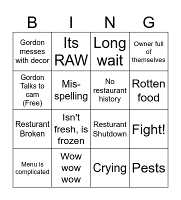 Kitchen Nightmares Bingo Card