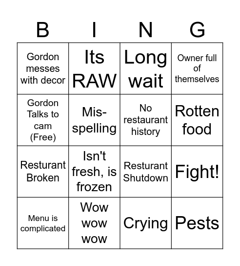 Kitchen Nightmares Bingo Card