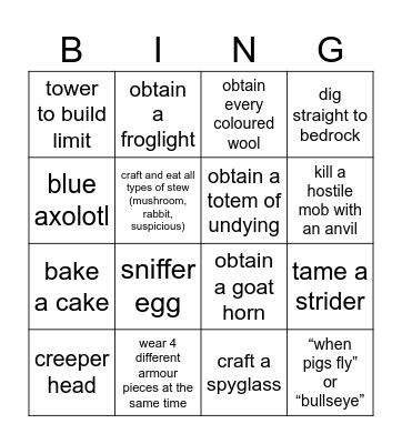 Minecraft Bingo Card