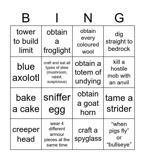 Minecraft Bingo Card