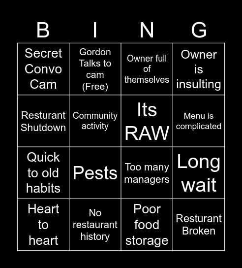 Kitchen Nightmares Bingo Card