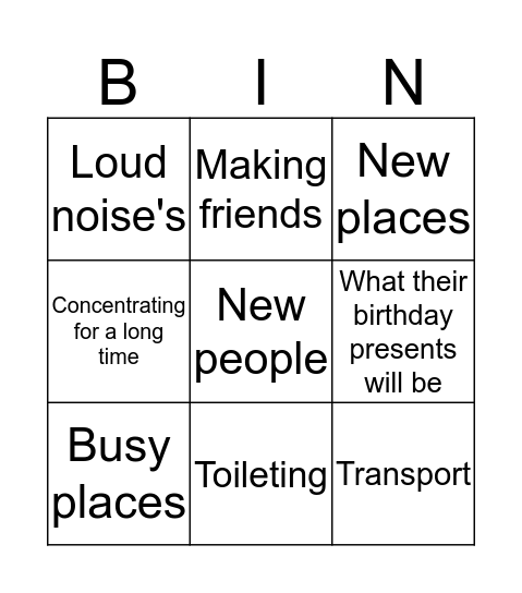 Worries of a child with Autism Bingo Card