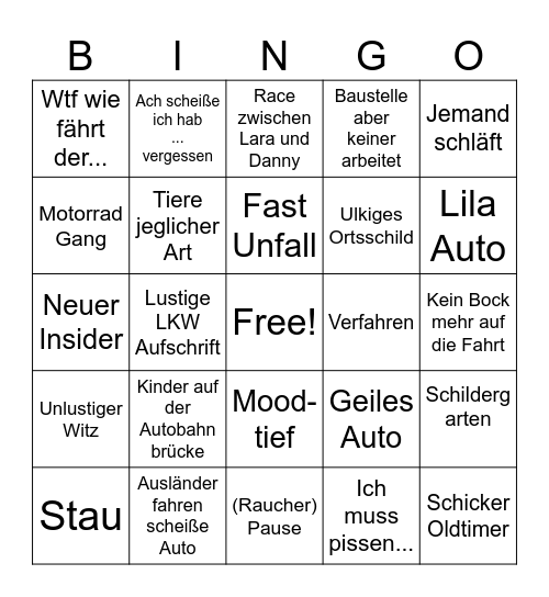 Drive 2 Prag Bingo Card