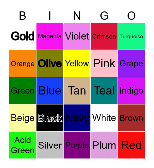 Colors Bingo Name Bingo Card